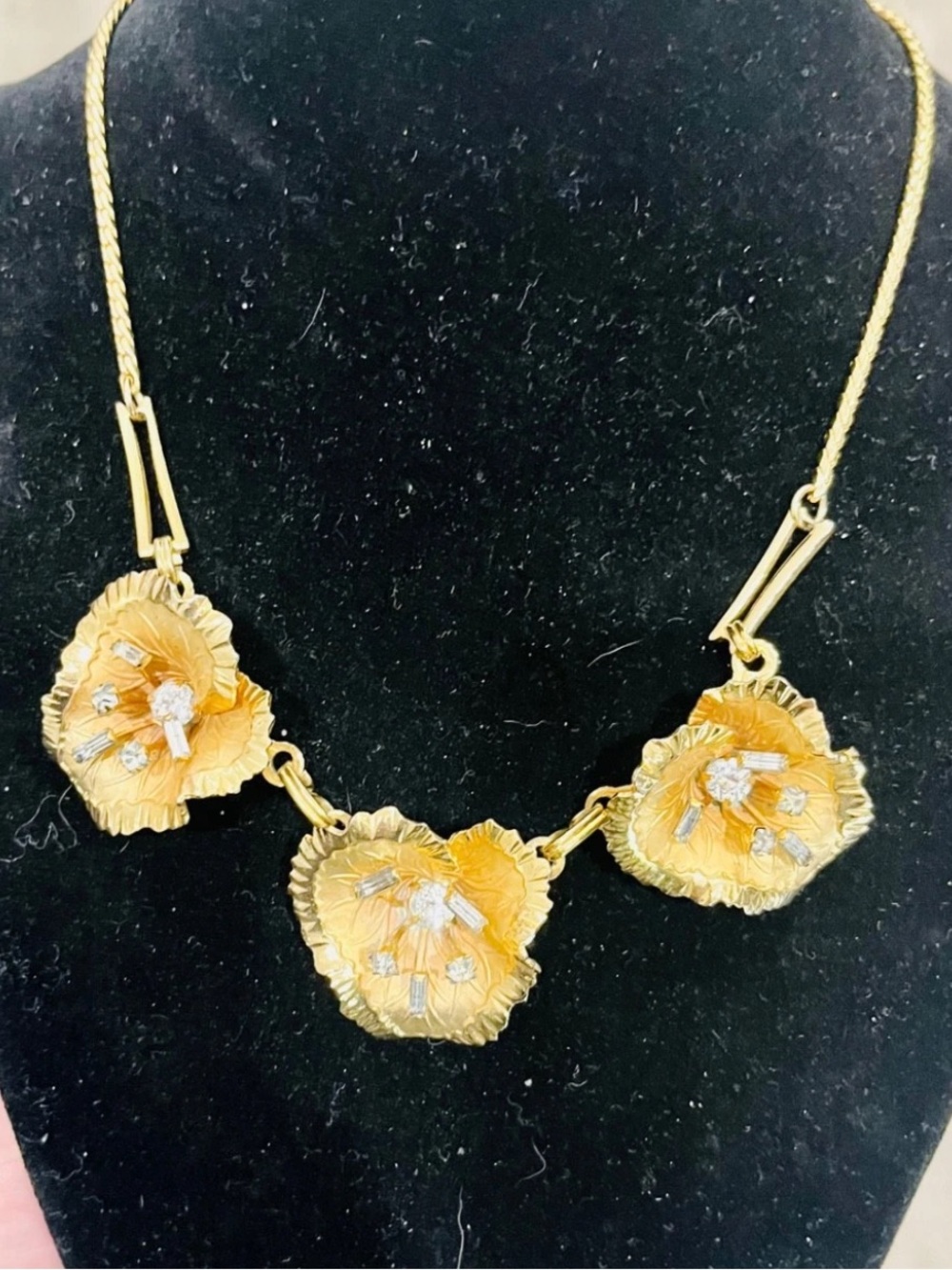 Vintage 1950s Gold-Tone Rhinestone Floral Statement Necklace